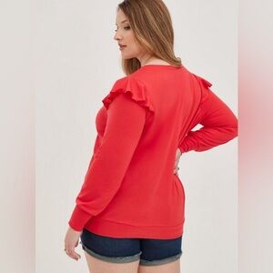 Torrid lightweight French terry V-neck ruffle shoulder sweater shirt
